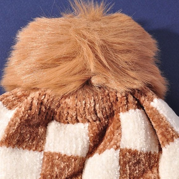 NEW Checkerboard Checked Super Soft Velour Cozy Fleece Lined Pom Pom Beanies Hat - Picture 8 of 11